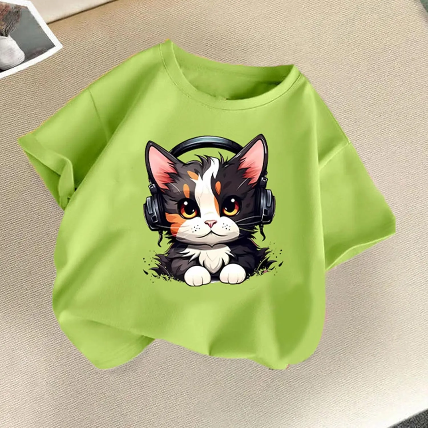 2-14T Baby Boys and Girls T-Shirts Cute Cartoon Cat Printed Short Sleeves Crewneck Loose Comfy Tees Blouse Tops