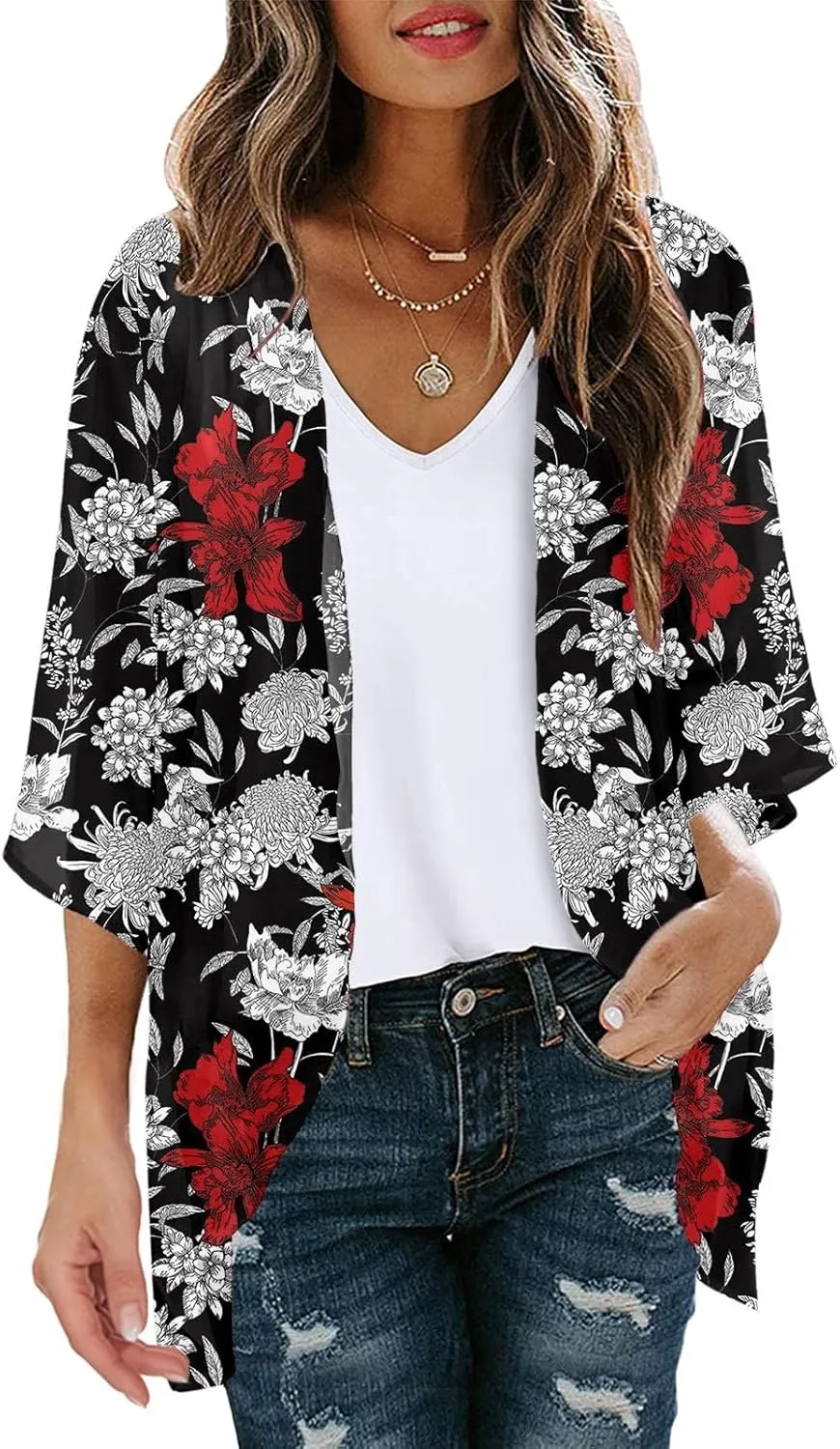 3/4 Sleeve Cardigan for Women Lightweight Beachwear Floral Kimono Swimsuit Cover Ups Summer Hawaii Cute Cardigans Casual