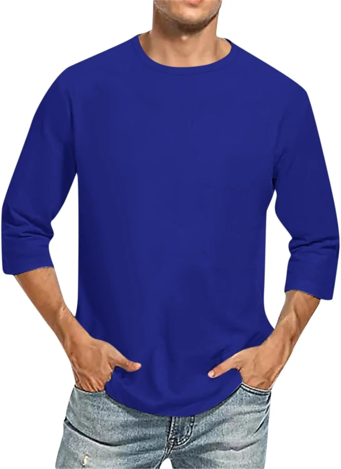 3/4 Sleeve Shirt for Men Solid Color Crew Neck Tops Casual Soft Loose Fit T Shirts 2025 Summer Basic Tees Pullover
