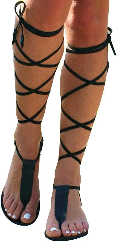 Aniywn Sandals for Women, Thigh High Gladiator Sandals Flat Lace Up Open Toe Knee Strappy Sandal Boot