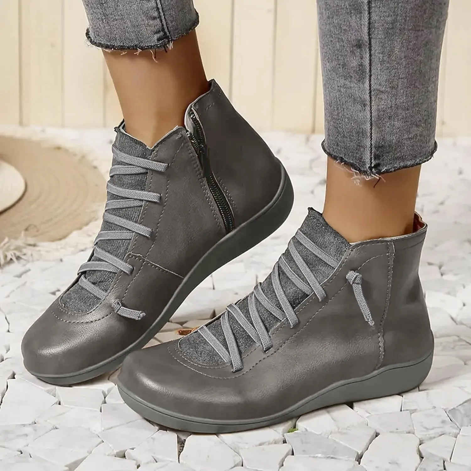 Ankle Boots for Women Low Heel Womens Fashion Lace Up Zipper Booties Casual Combat Boots Fall Short Ankle Booties