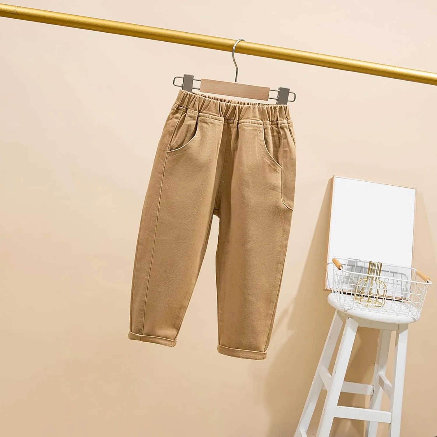 Baby Boys' and Toddler Chino Pants Elastic Waist School Pants for Boys Unifor Pants Solid Casual Big Boys Pants
