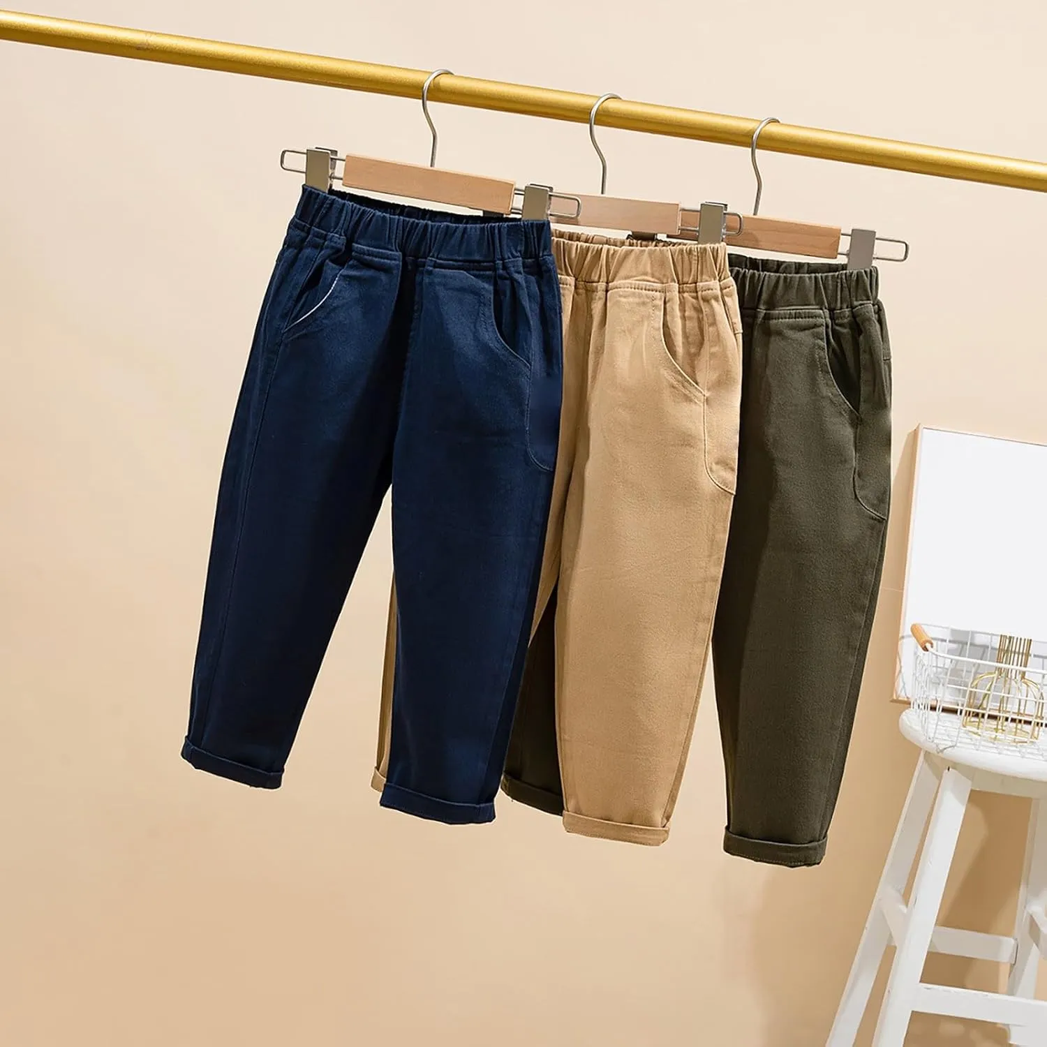 Baby Boys' and Toddler Chino Pants Elastic Waist School Pants for Boys Unifor Pants Solid Casual Big Boys Pants
