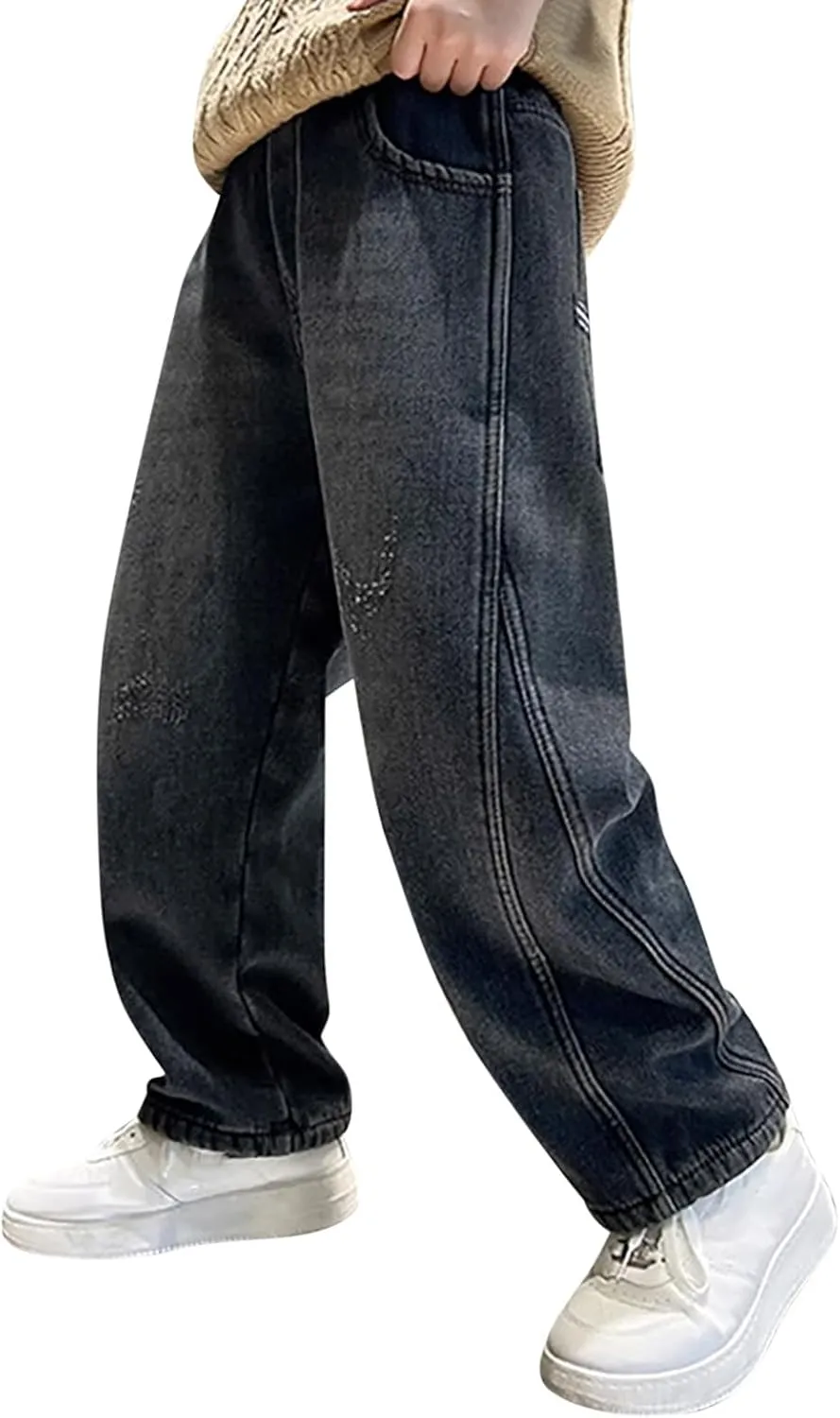 Baggy Jeans for Boy 4-14 Years Wide Leg Casual Elastic High Waist Loose Fit Summer Denim Pants Kids Trousers with Pockets