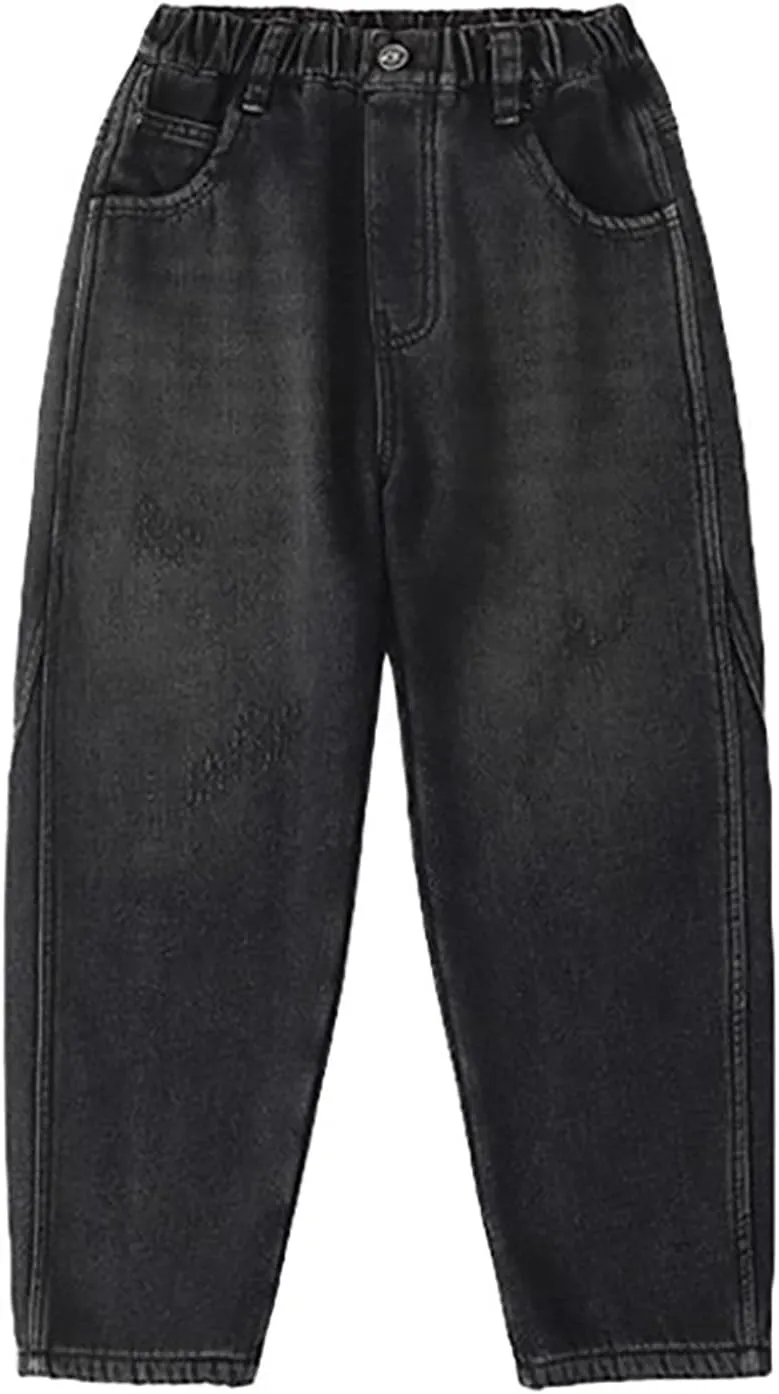 Baggy Jeans for Boy 4-14 Years Wide Leg Casual Elastic High Waist Loose Fit Summer Denim Pants Kids Trousers with Pockets
