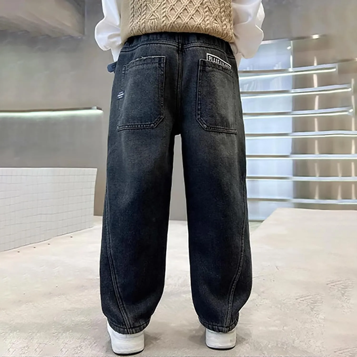 Baggy Jeans for Boy 4-14 Years Wide Leg Casual Elastic High Waist Loose Fit Summer Denim Pants Kids Trousers with Pockets