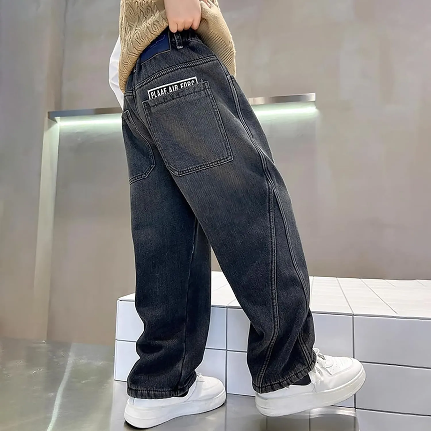 Baggy Jeans for Boy 4-14 Years Wide Leg Casual Elastic High Waist Loose Fit Summer Denim Pants Kids Trousers with Pockets