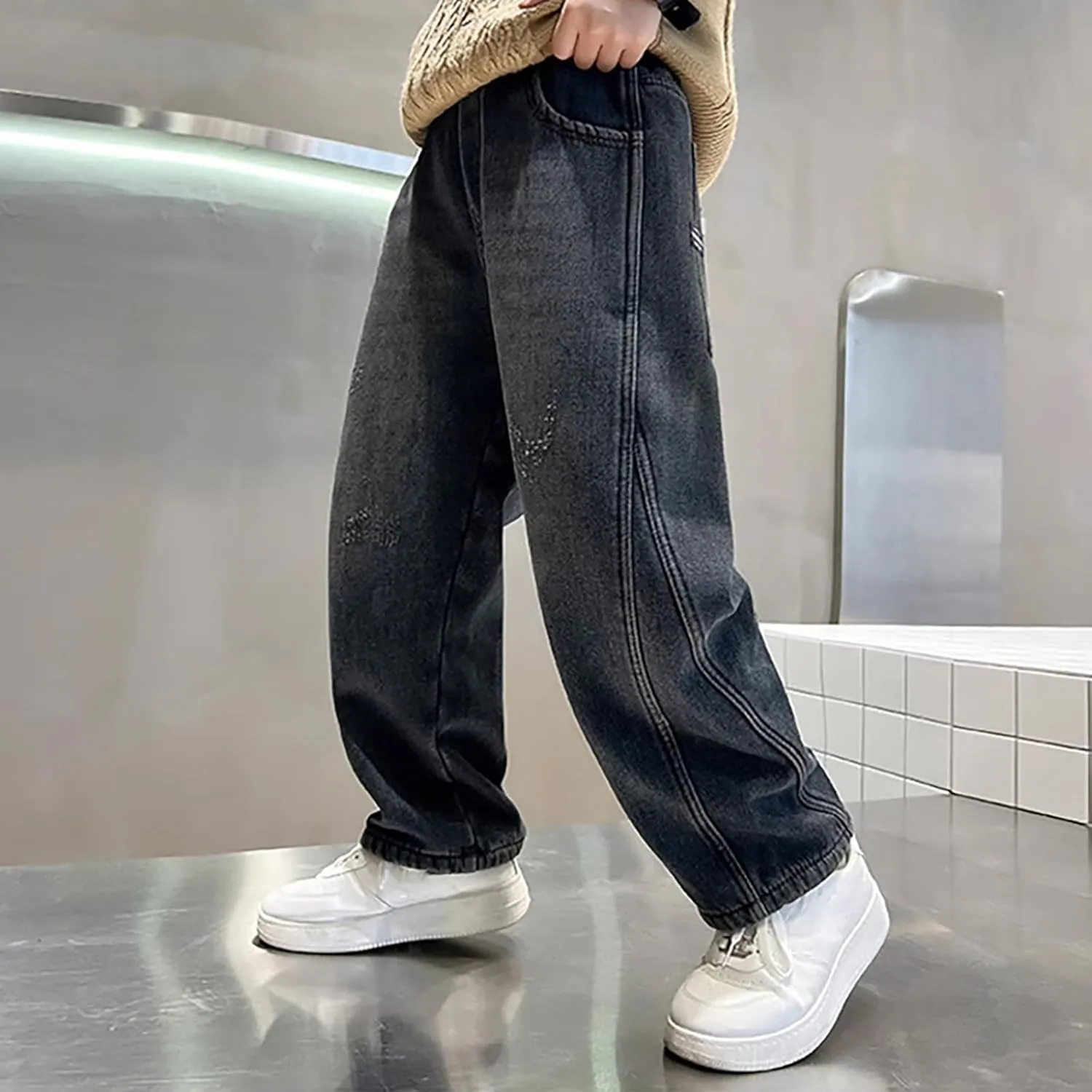 Baggy Jeans for Boy 4-14 Years Wide Leg Casual Elastic High Waist Loose Fit Summer Denim Pants Kids Trousers with Pockets