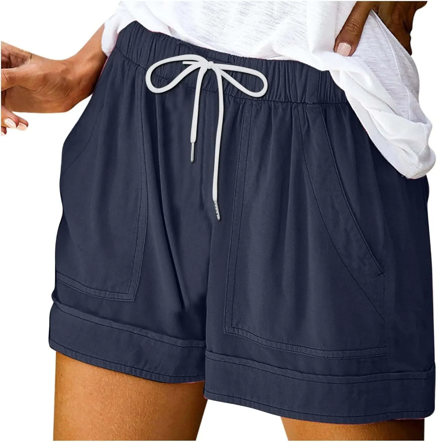 Biker Shorts Cotton Casual Striped Shorts Pocket Pants Biker Shorts White Shorts for Woman White Jean Shorts