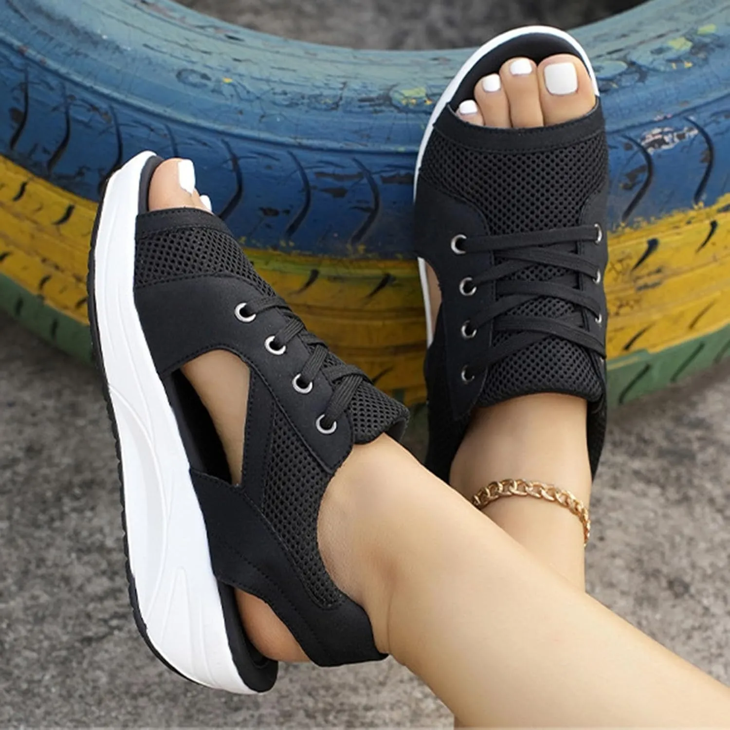 Black Open Toe Sandals for Women Mesh Comfy Orthopedic Sneakers Hollow Out Wide Width Sandal Running Sports Shoes
