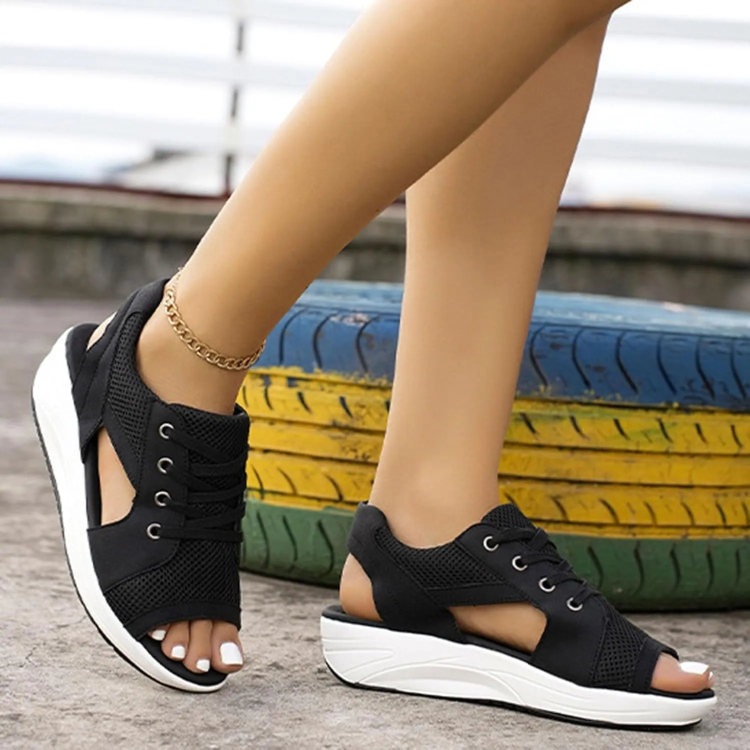Black Open Toe Sandals for Women Mesh Comfy Orthopedic Sneakers Hollow Out Wide Width Sandal Running Sports Shoes