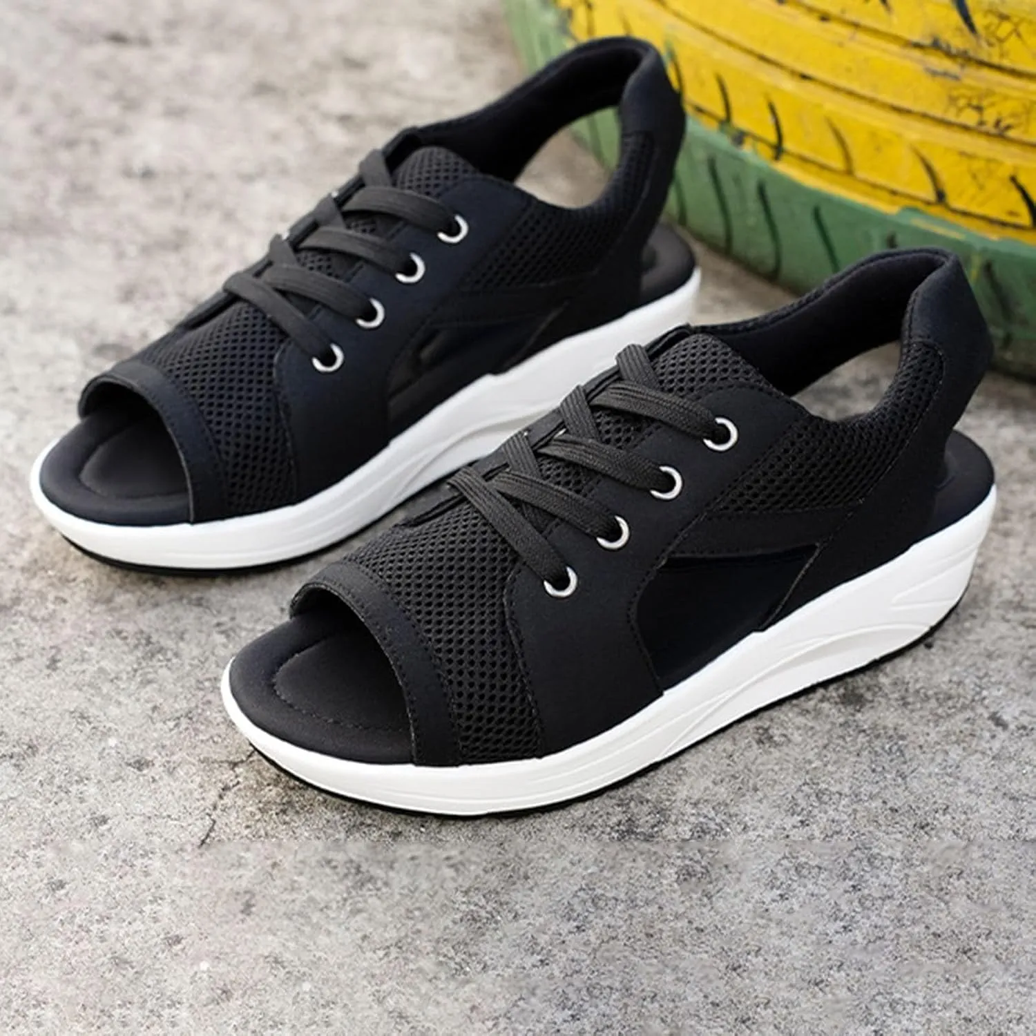 Black Open Toe Sandals for Women Mesh Comfy Orthopedic Sneakers Hollow Out Wide Width Sandal Running Sports Shoes