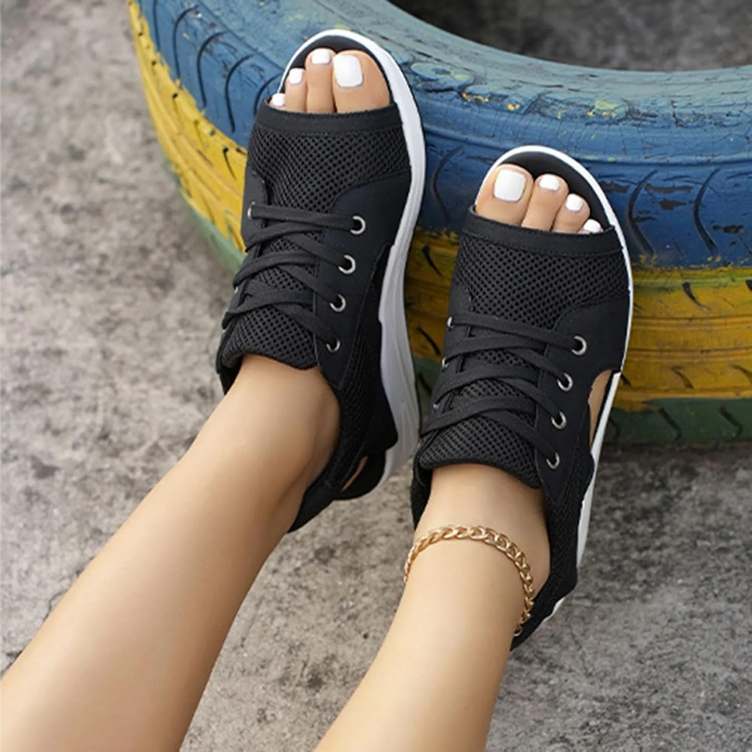 Black Open Toe Sandals for Women Mesh Comfy Orthopedic Sneakers Hollow Out Wide Width Sandal Running Sports Shoes