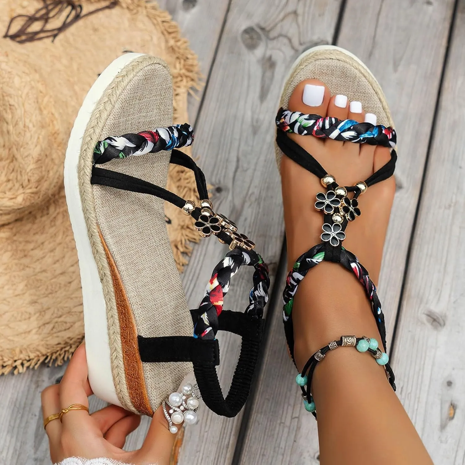 Bohemian Wedge Sandals for Women Low Wedge Heels Sandals Wide Width Casual Platform Slides Dressy Ankle Strap Sandal Comfortable Walking Beach Shoes Vacation Slides