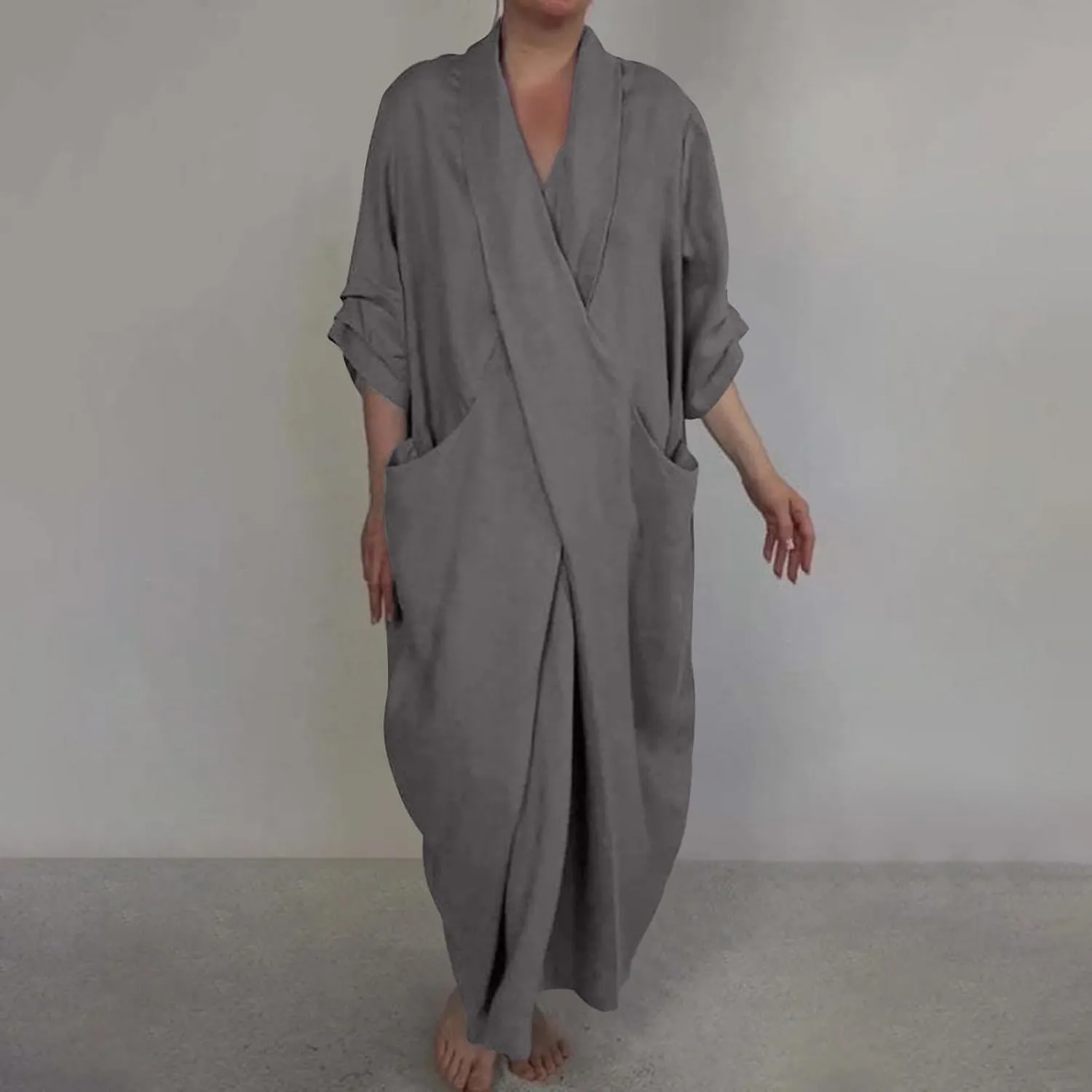 Boho Maxi Dress with Pockets Cozy Cotton Linen V Neck Slit Skirt Casual Loose Dress for Women Rose
