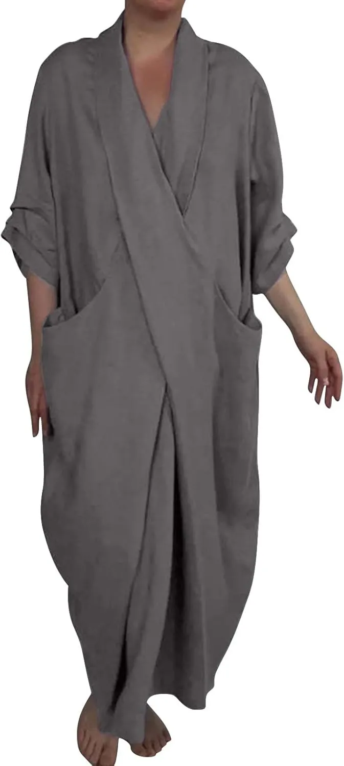 Boho Maxi Dress with Pockets Cozy Cotton Linen V Neck Slit Skirt Casual Loose Dress for Women Rose