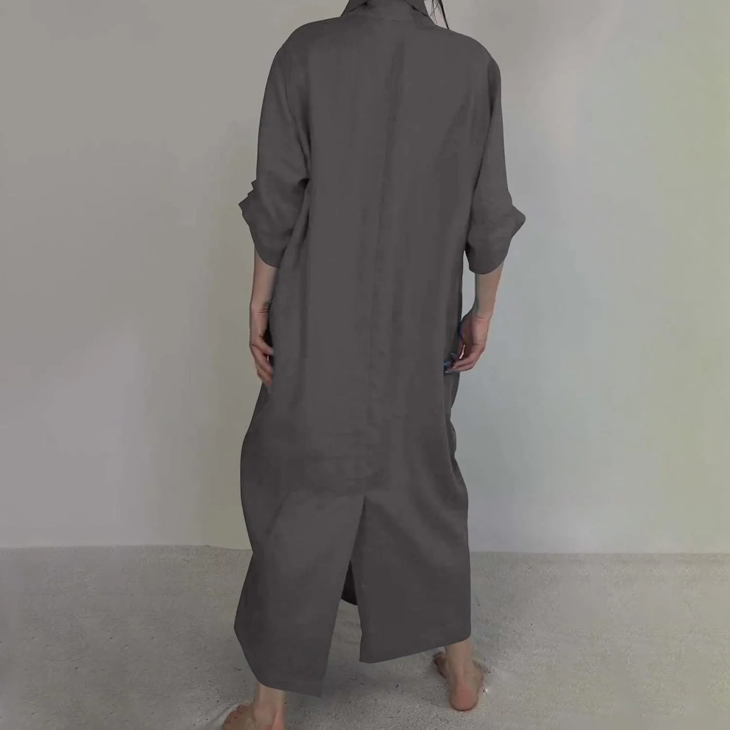 Boho Maxi Dress with Pockets Cozy Cotton Linen V Neck Slit Skirt Casual Loose Dress for Women Rose