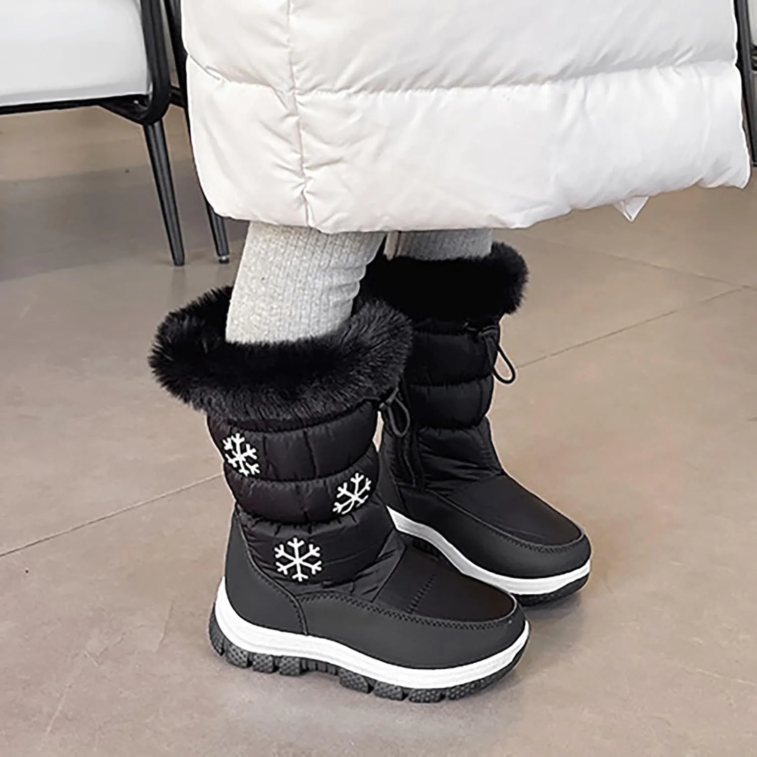 Boys Girls Mid Calf Snow Boots Warm Cozy Anti-Slip Faux Fr ining Insulated Shoes for Little/Big Snow Slide for Kids