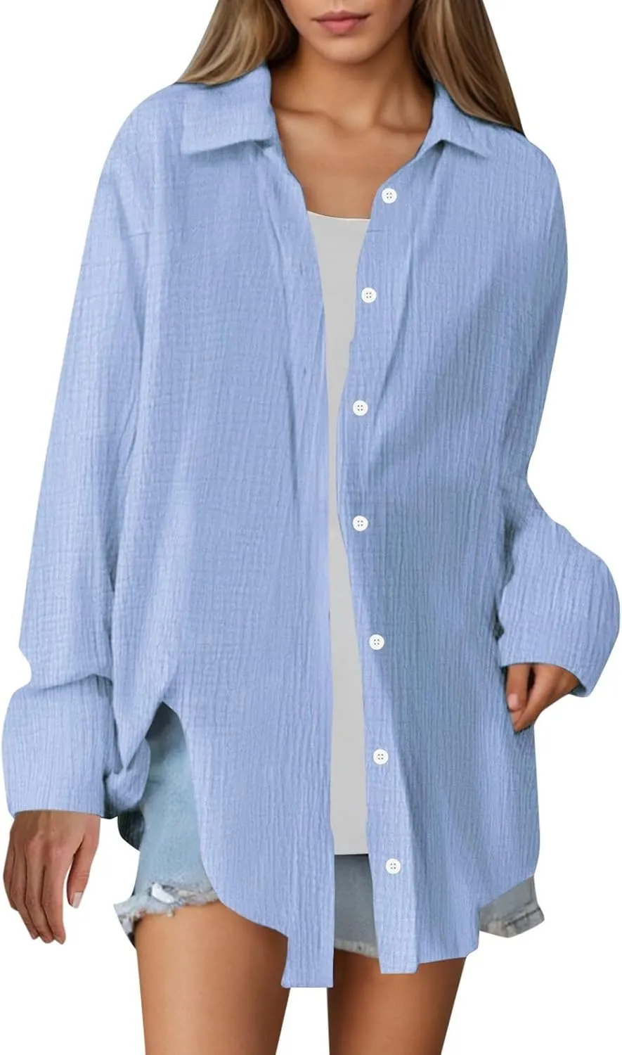 Button Down Shirts for Women Long Sleeve Solid Shirts Dress Shirts Summer Casual V Neck Work Office Blouse Tops