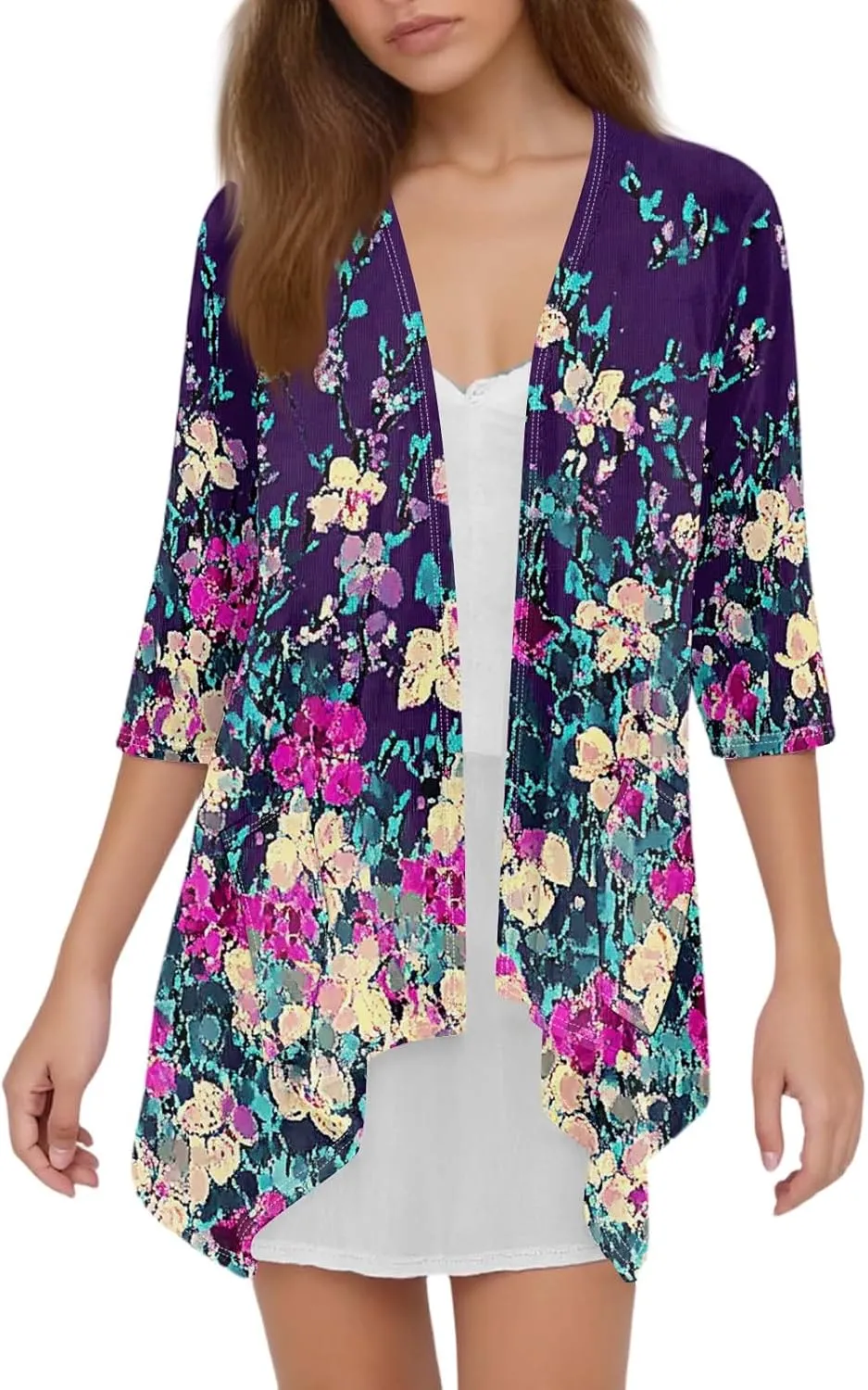 Cardigans for Women 3/4 Sleeve Open Front Summer Cardigan Ruffle Draped Floral Print Cover Up Casual Kimono Ruched Top