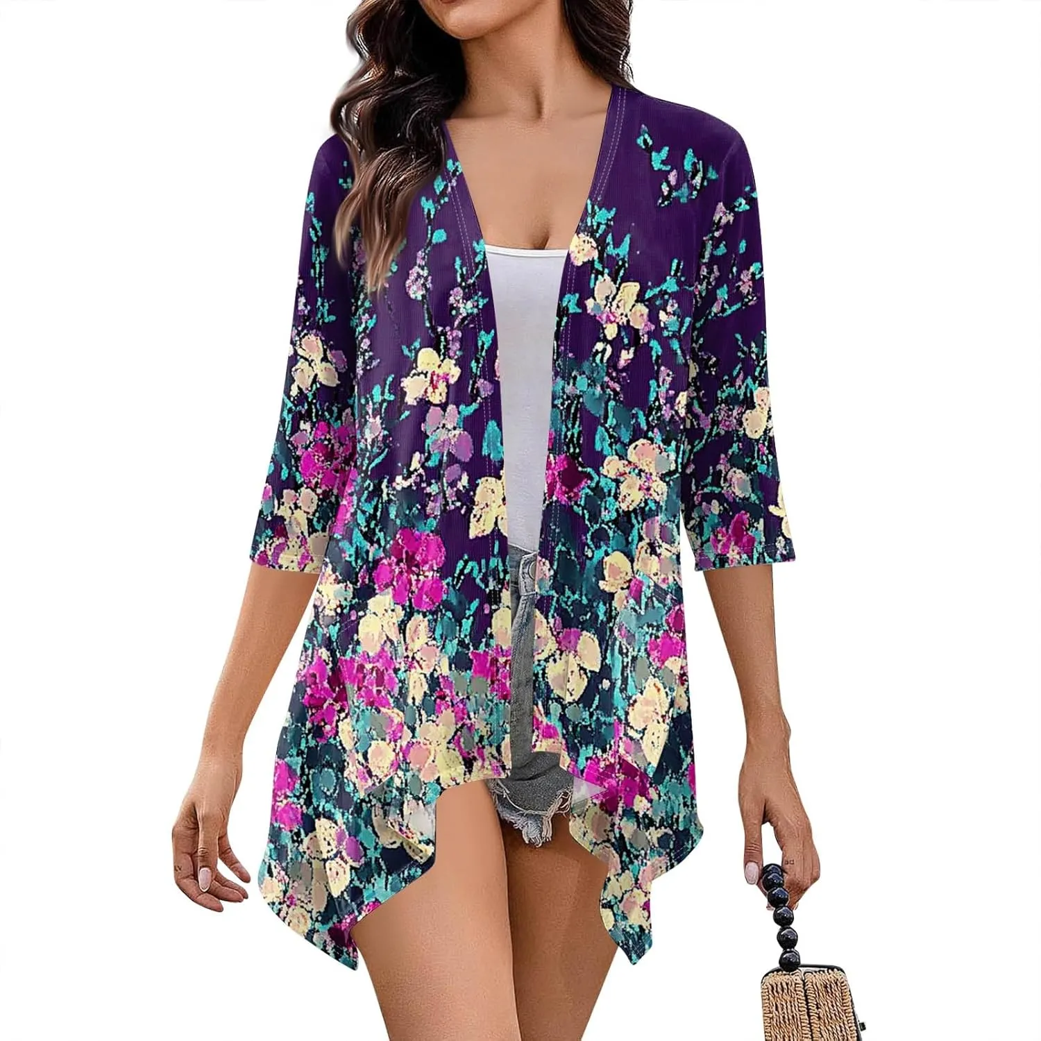Cardigans for Women 3/4 Sleeve Open Front Summer Cardigan Ruffle Draped Floral Print Cover Up Casual Kimono Ruched Top