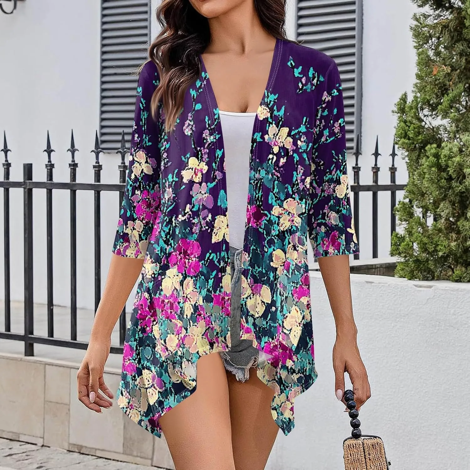 Cardigans for Women 3/4 Sleeve Open Front Summer Cardigan Ruffle Draped Floral Print Cover Up Casual Kimono Ruched Top