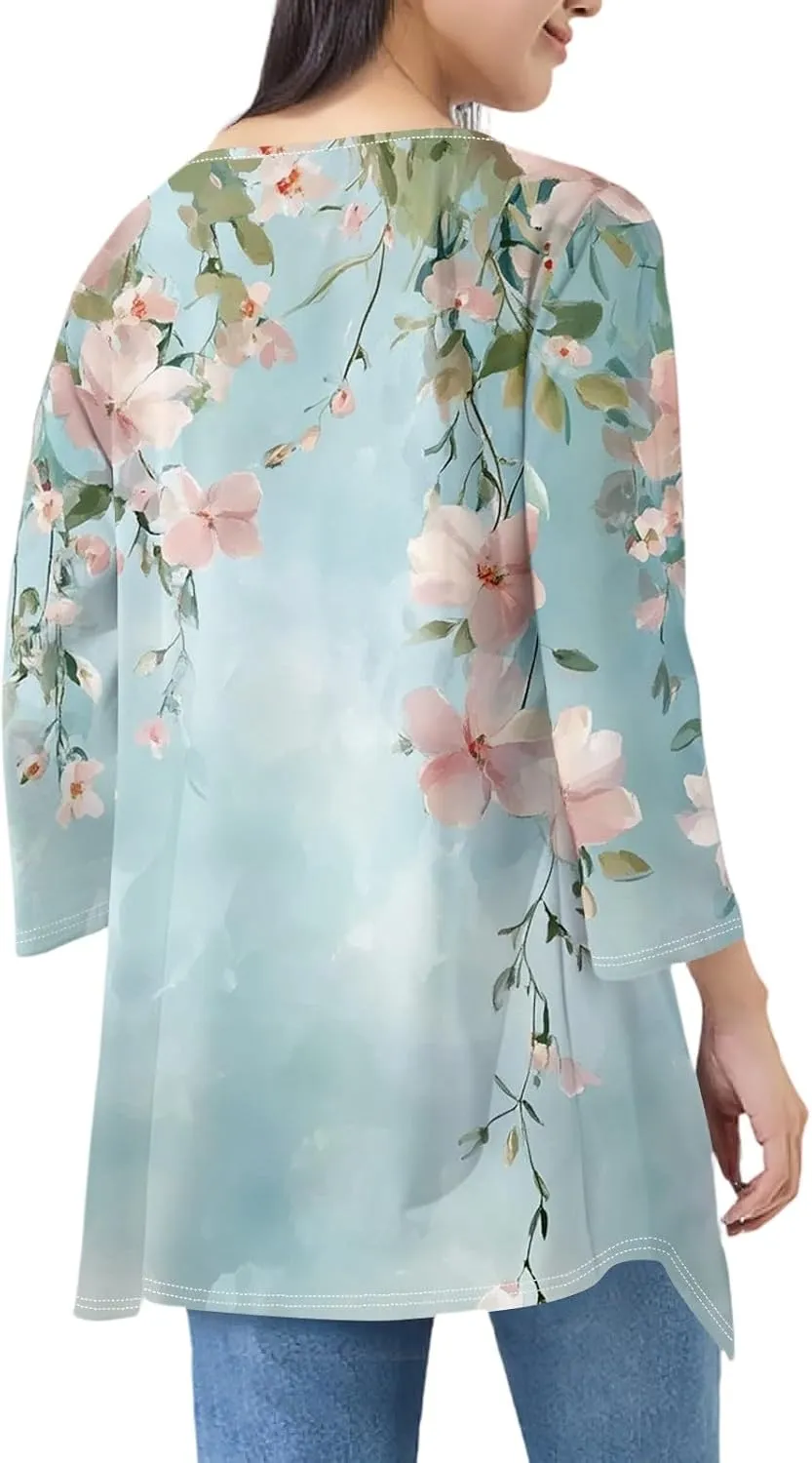 Cardigans for Women 3/4 Sleeve Open Front Summer Cardigan Ruffle Draped Floral Print Cover Up Casual Kimono Ruched Top