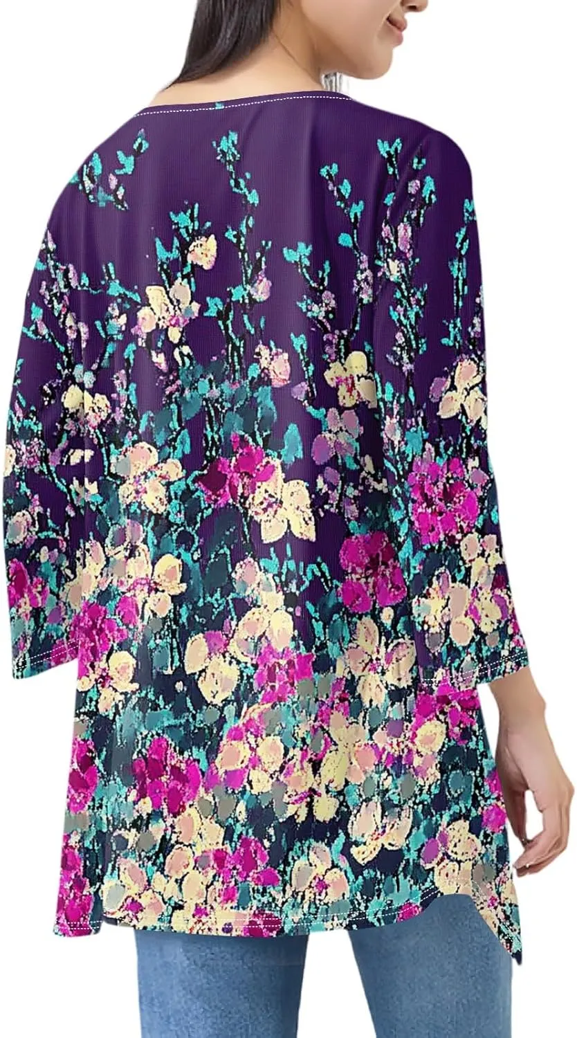 Cardigans for Women 3/4 Sleeve Open Front Summer Cardigan Ruffle Draped Floral Print Cover Up Casual Kimono Ruched Top
