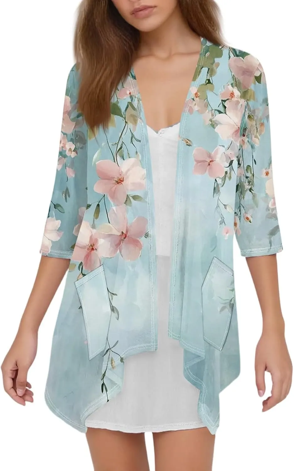 Cardigans for Women 3/4 Sleeve Open Front Summer Cardigan Ruffle Draped Floral Print Cover Up Casual Kimono Ruched Top