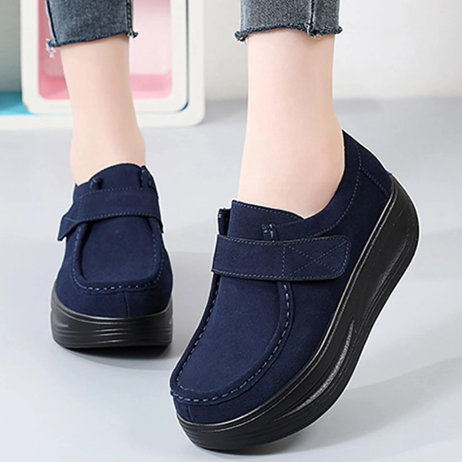 Casual Thick Bottom Shoes for Women Fashion Hook and Loop Shoes Stretch Cushion Shoes Arch Support Walking Shoes