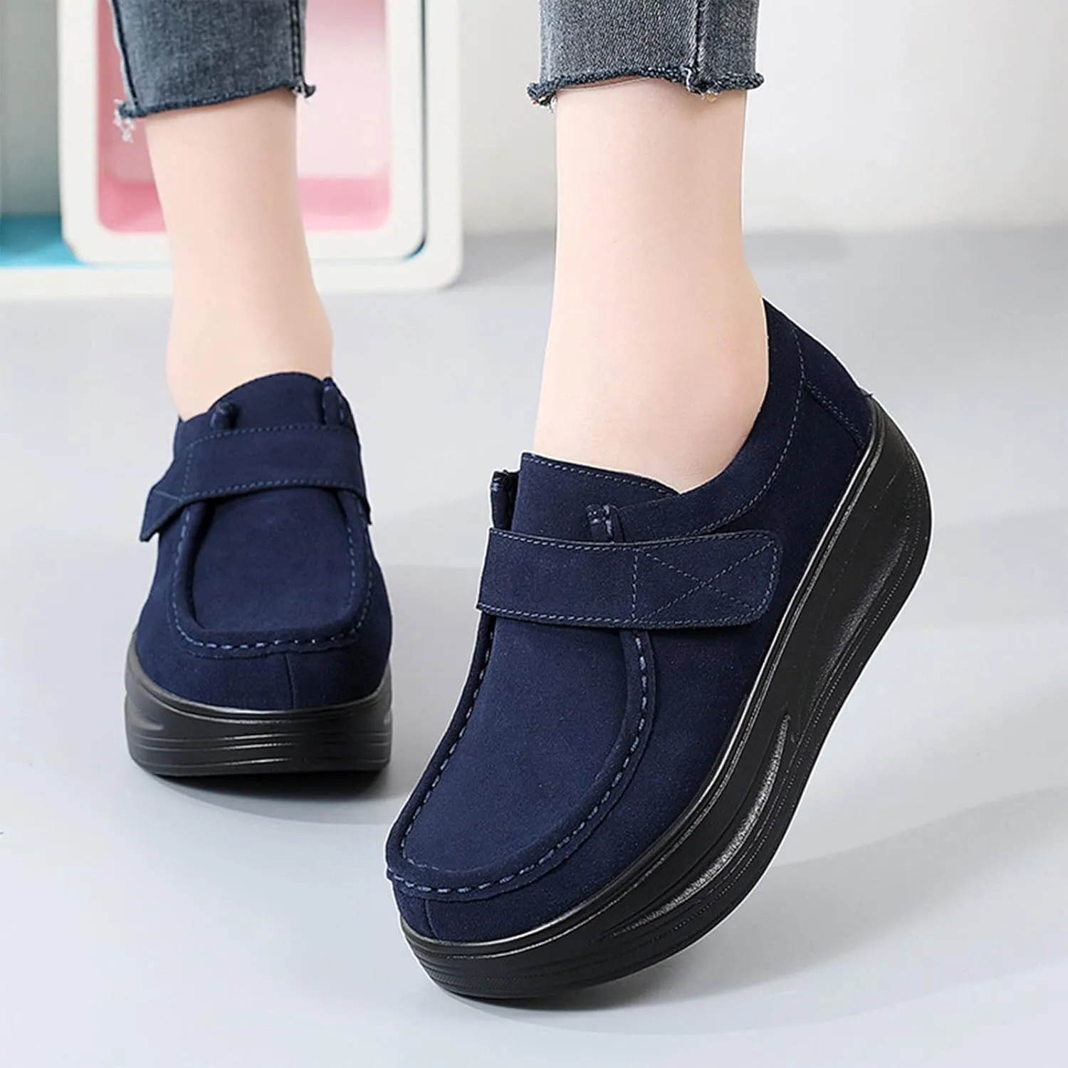 Casual Thick Bottom Shoes for Women Fashion Hook and Loop Shoes Stretch Cushion Shoes Arch Support Walking Shoes