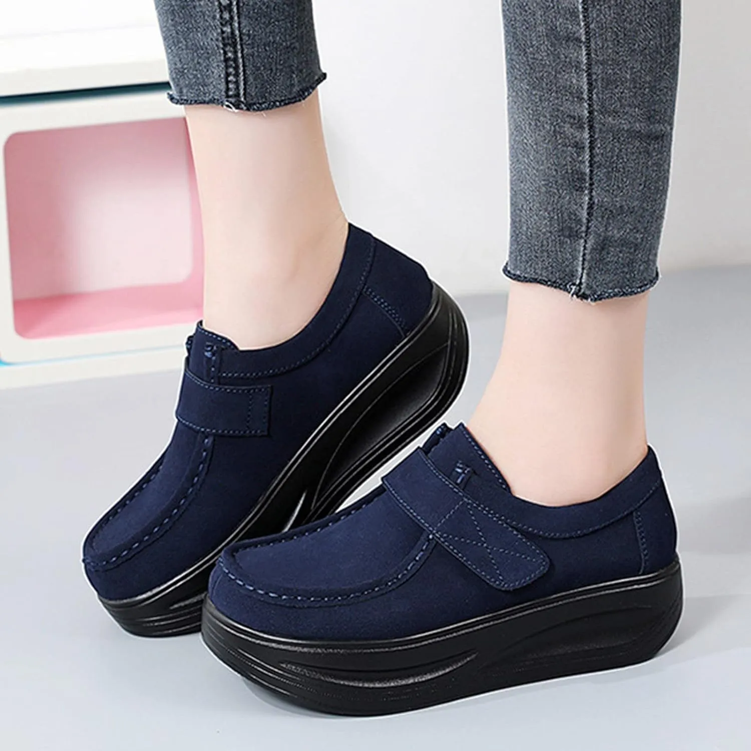 Casual Thick Bottom Shoes for Women Fashion Hook and Loop Shoes Stretch Cushion Shoes Arch Support Walking Shoes