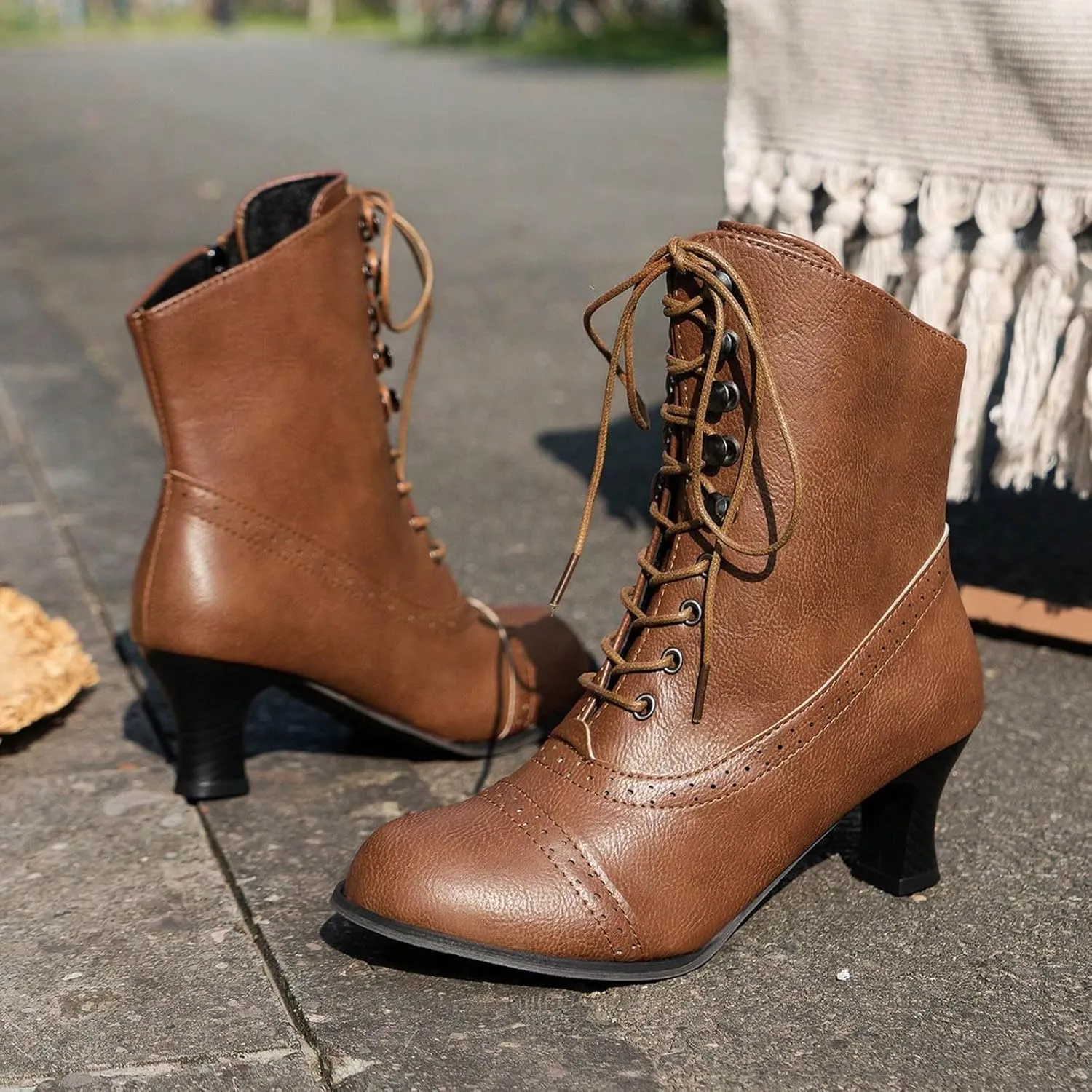 Cathalem Women's Ankle Boots Mid Calf Boots Round Toe Black Boots Chunky Heel Lace Up Witch Boots Knight Boots for Ladies