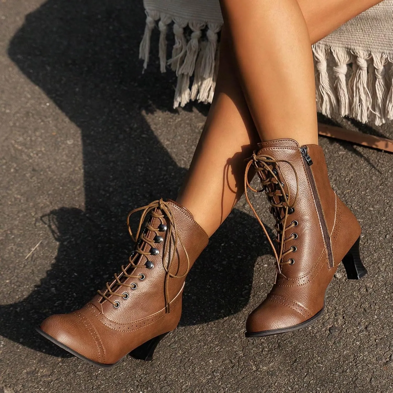 Cathalem Women's Ankle Boots Mid Calf Boots Round Toe Black Boots Chunky Heel Lace Up Witch Boots Knight Boots for Ladies