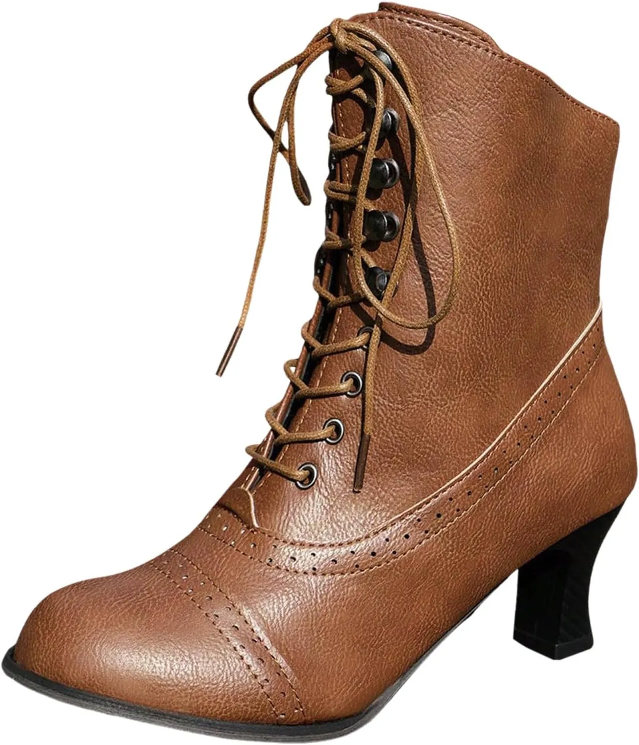 Cathalem Women's Ankle Boots Mid Calf Boots Round Toe Black Boots Chunky Heel Lace Up Witch Boots Knight Boots for Ladies