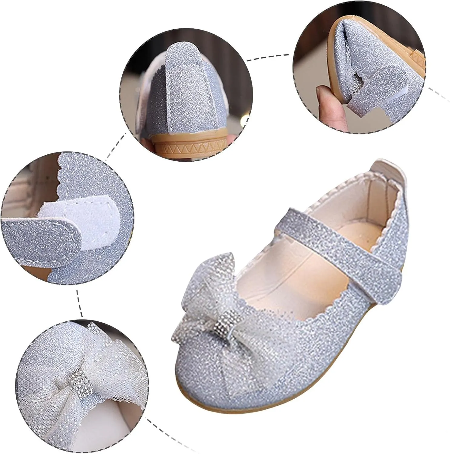 Children Girl Bow Mary Jane Dressy Shoes with Adjustable Strap Rhinestone Ballerina Flat for Party,Birthday,Performance,Wedding Girls Flat Elegant Shoes with Non Slip Rubber Sole(Toddler/Little Kid)