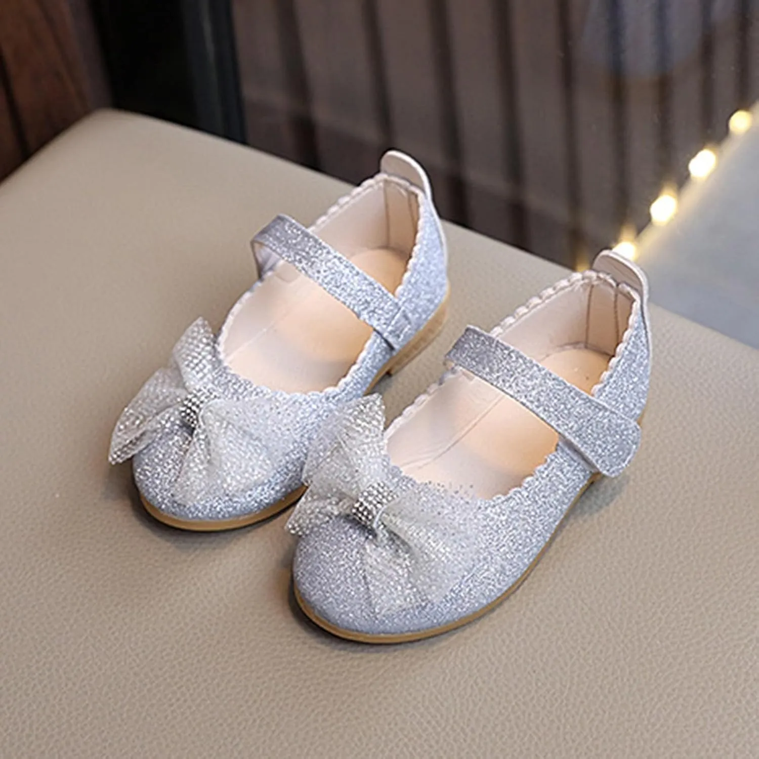 Children Girl Bow Mary Jane Dressy Shoes with Adjustable Strap Rhinestone Ballerina Flat for Party,Birthday,Performance,Wedding Girls Flat Elegant Shoes with Non Slip Rubber Sole(Toddler/Little Kid)
