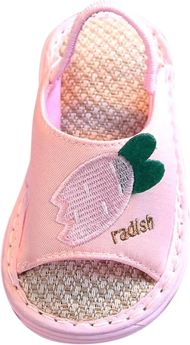 Children Shoes Flat Soft Cotton Sandals Indoor Cartoon Comfortable Soft Linen Slippers Sandals Slip on Shower Shoes (Pink, 18-24 Months)