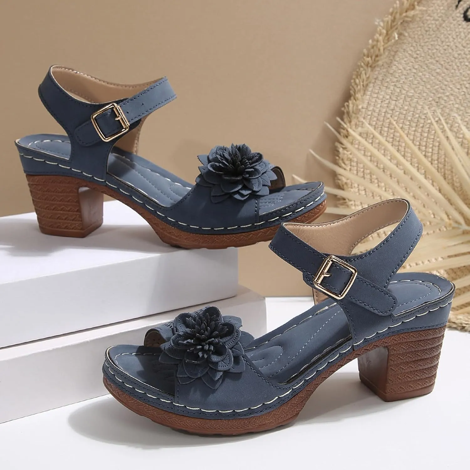 Chunky Sandals for Women Dressy Low Wedge Heels Sandal Comfortable Platform Summer Casual Shoes Arch Support Ankle Strap Wedge Sandals Hollow Out Open Toe Breathable Shoe