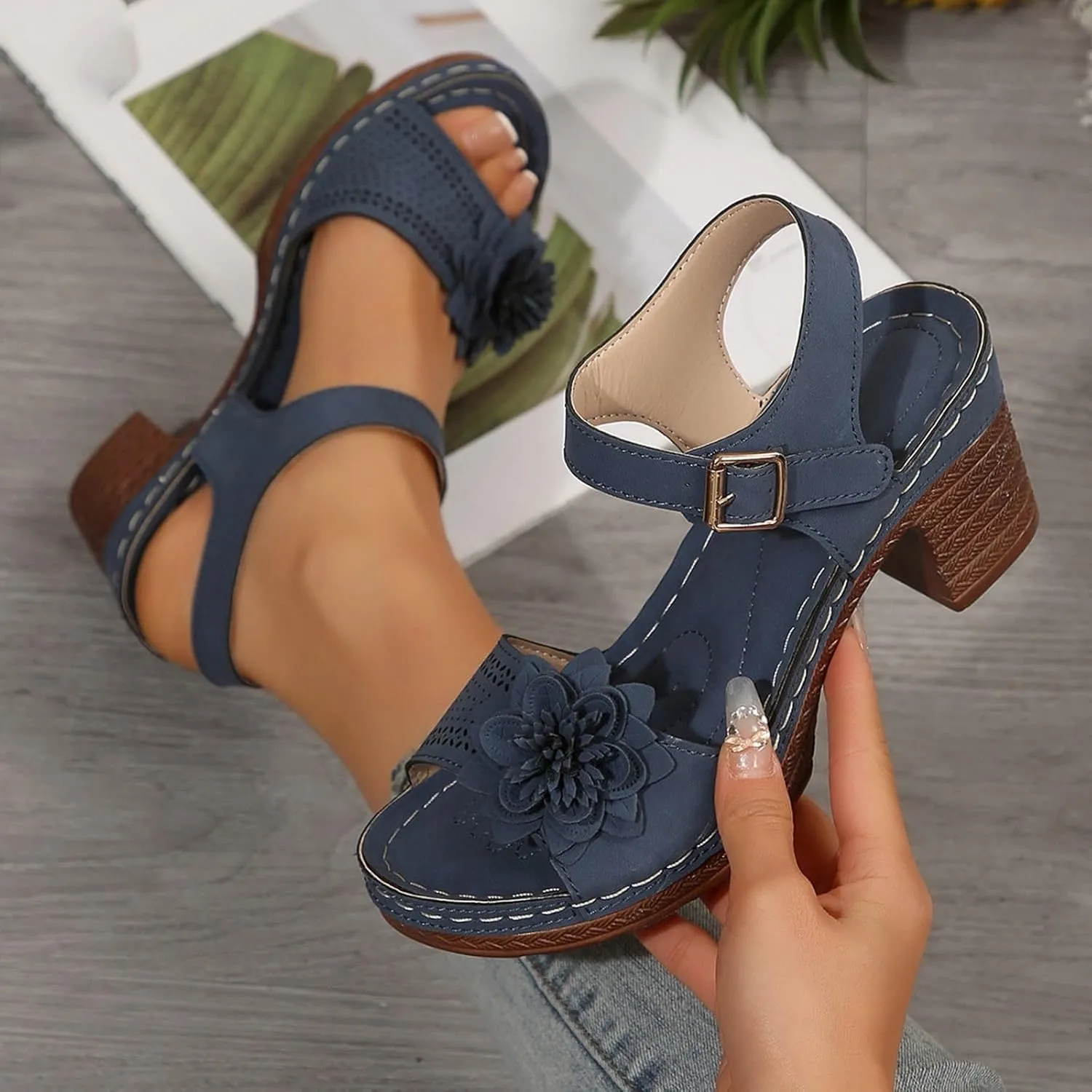 Chunky Sandals for Women Dressy Low Wedge Heels Sandal Comfortable Platform Summer Casual Shoes Arch Support Ankle Strap Wedge Sandals Hollow Out Open Toe Breathable Shoe