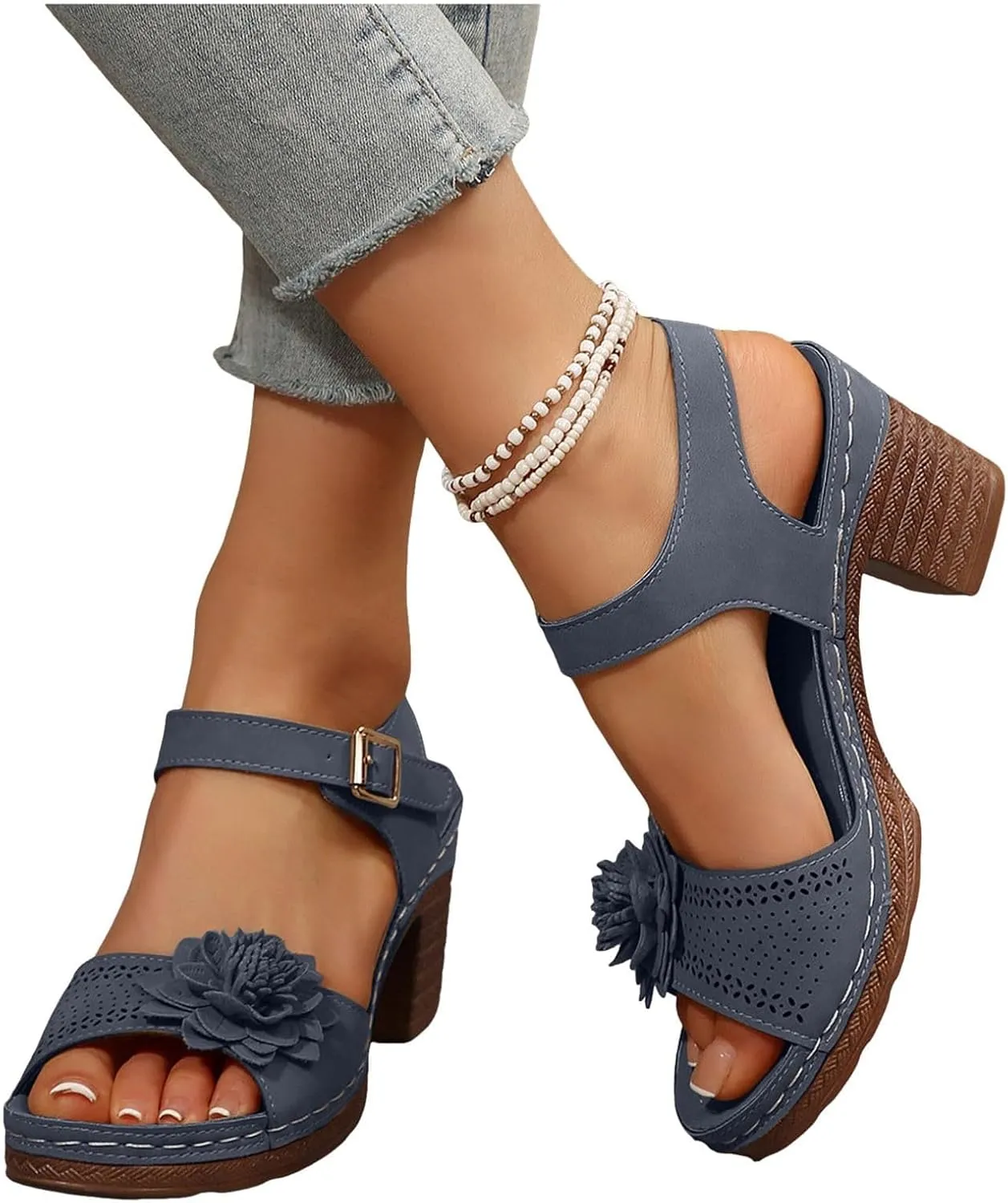 Chunky Sandals for Women Dressy Low Wedge Heels Sandal Comfortable Platform Summer Casual Shoes Arch Support Ankle Strap Wedge Sandals Hollow Out Open Toe Breathable Shoe