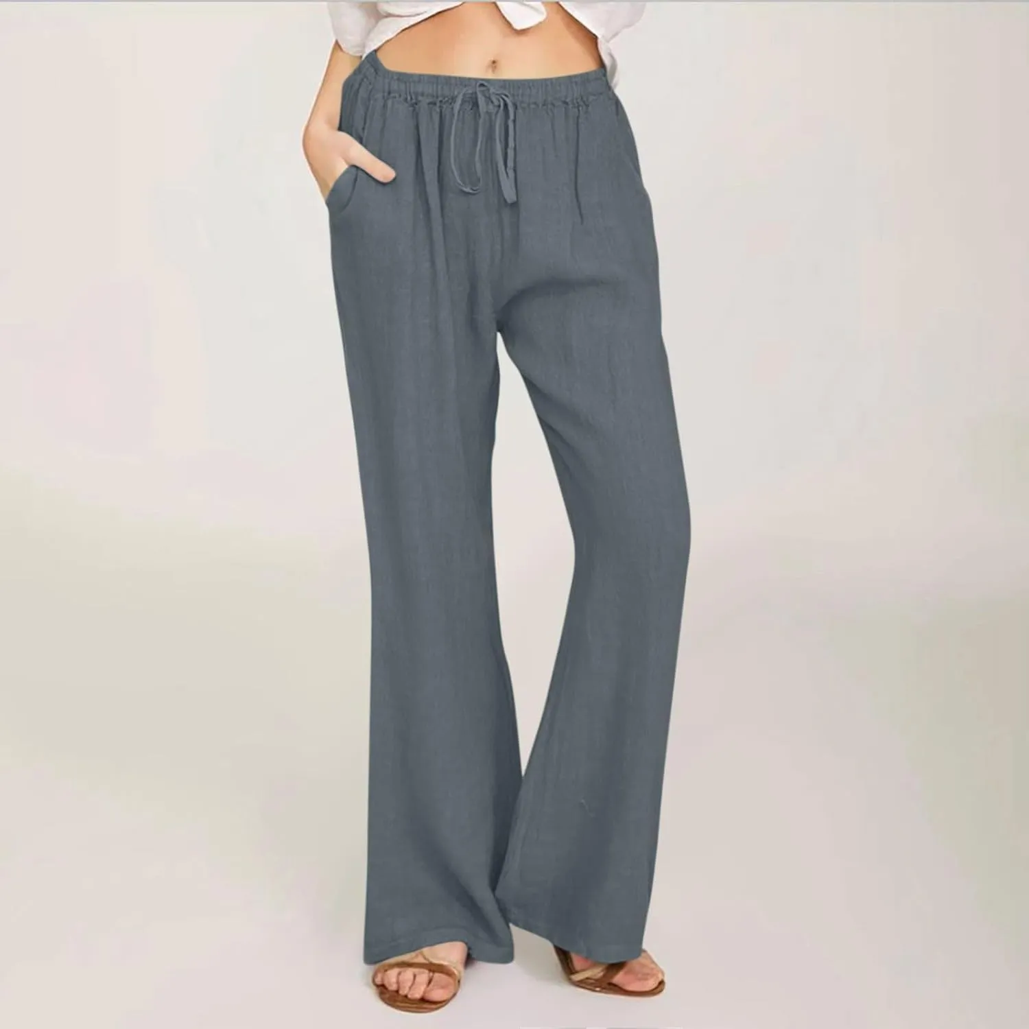 Cotton Linen Pants Women Summer Drawstring High Waisted Palazzo Pants Soft Wide Leg Lounge Pant Casual Beach Trousers