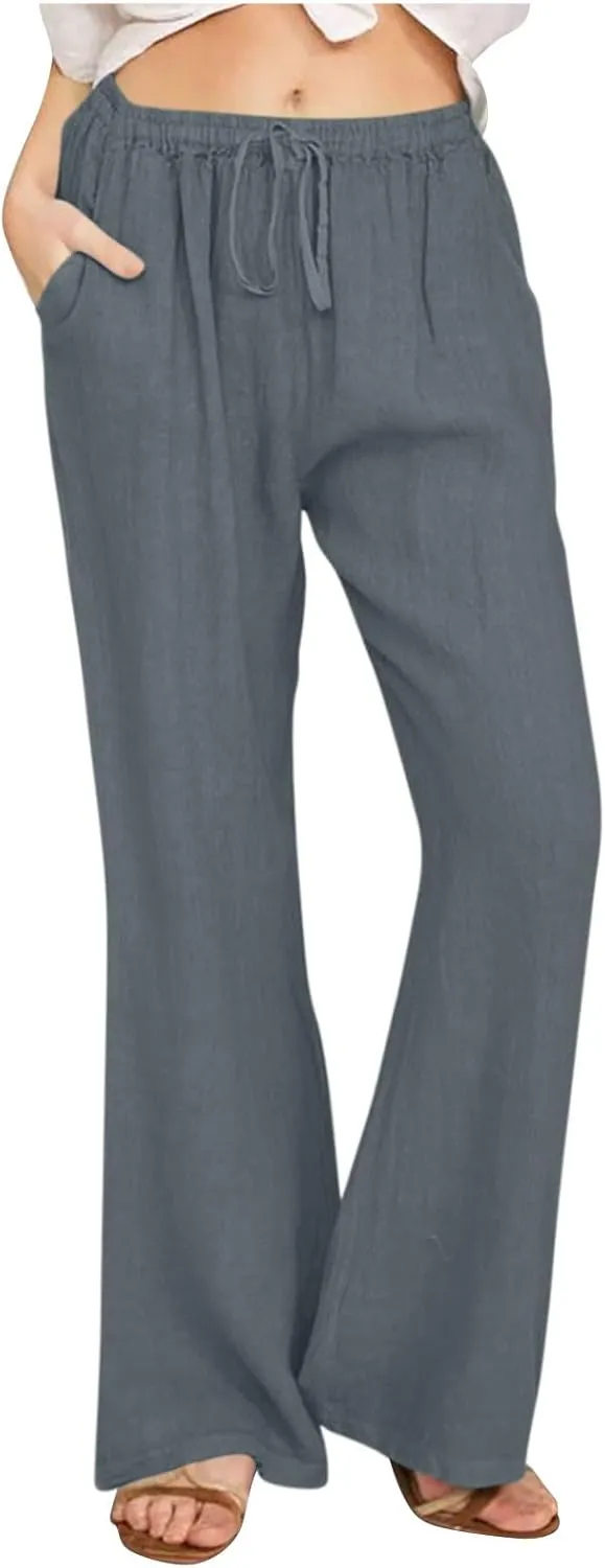 Cotton Linen Pants Women Summer Drawstring High Waisted Palazzo Pants Soft Wide Leg Lounge Pant Casual Beach Trousers