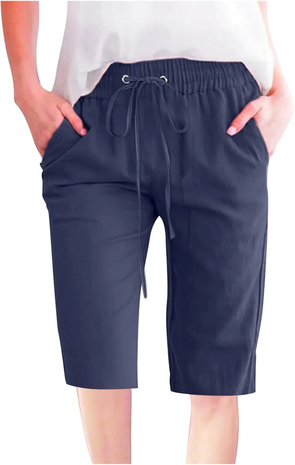 Cotton Linen Shorts for Women Casual Summer Straight Leg Shorts Drawstring Knee Length Shorts Elastic Waist Shorts