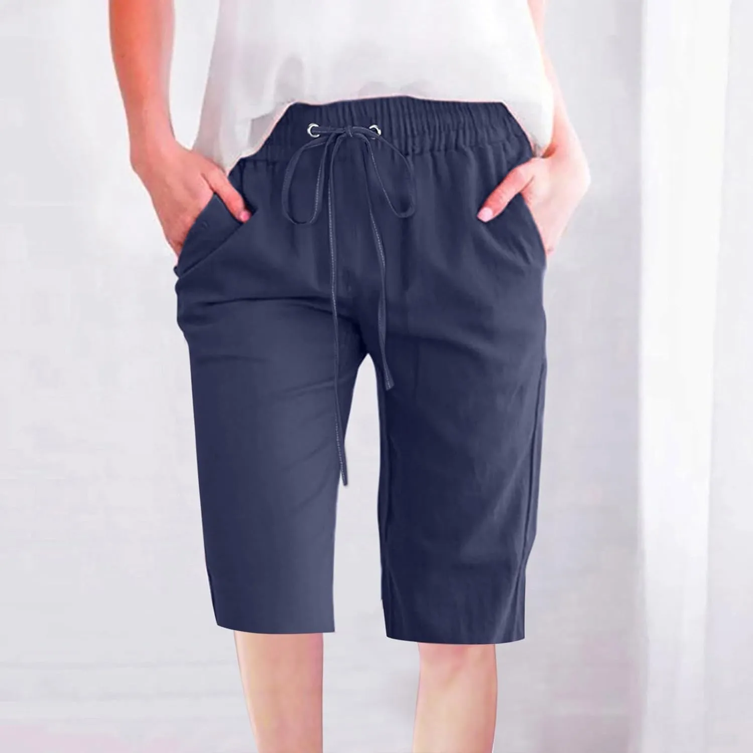 Cotton Linen Shorts for Women Casual Summer Straight Leg Shorts Drawstring Knee Length Shorts Elastic Waist Shorts
