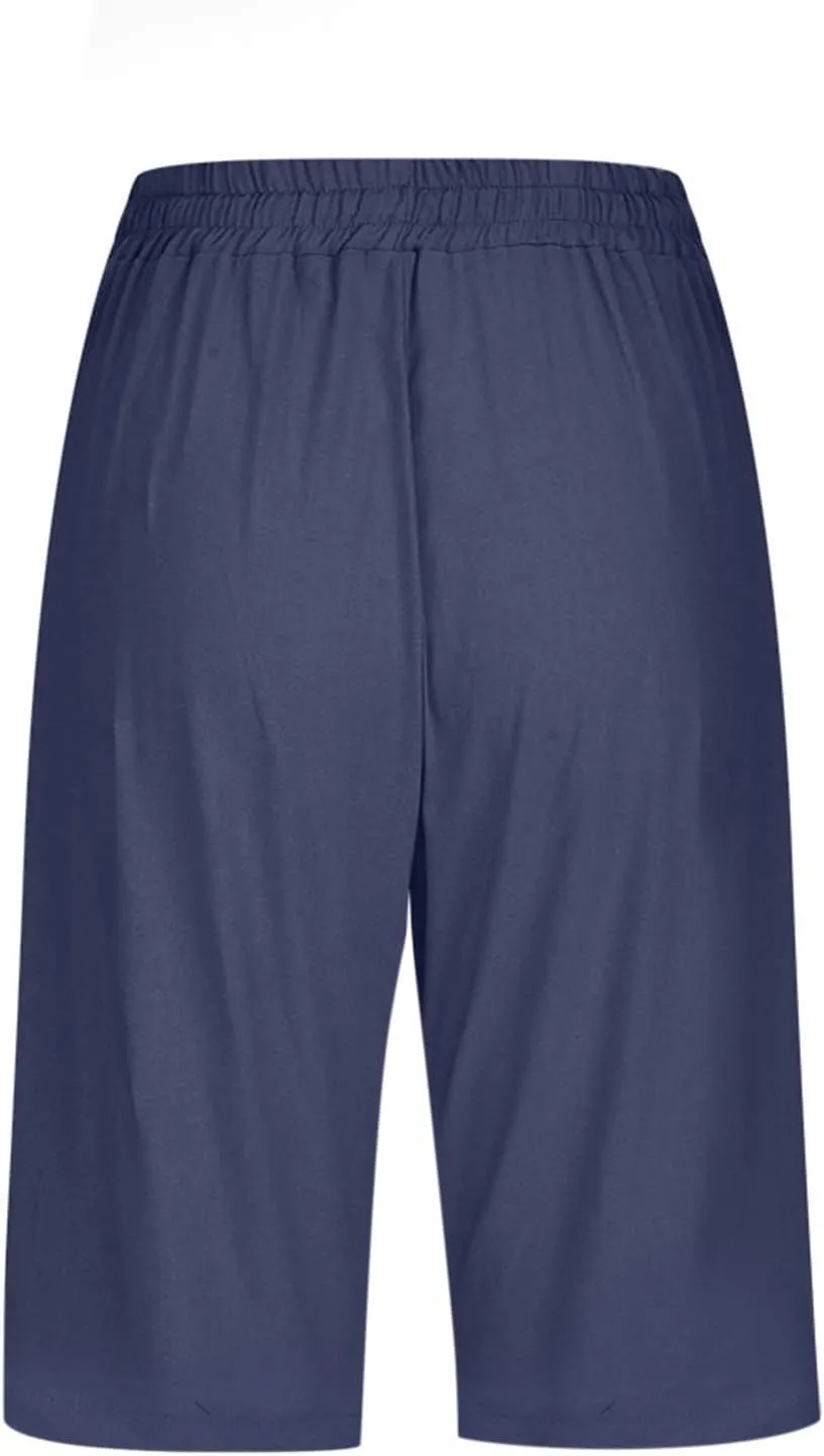 Cotton Linen Shorts for Women Casual Summer Straight Leg Shorts Drawstring Knee Length Shorts Elastic Waist Shorts