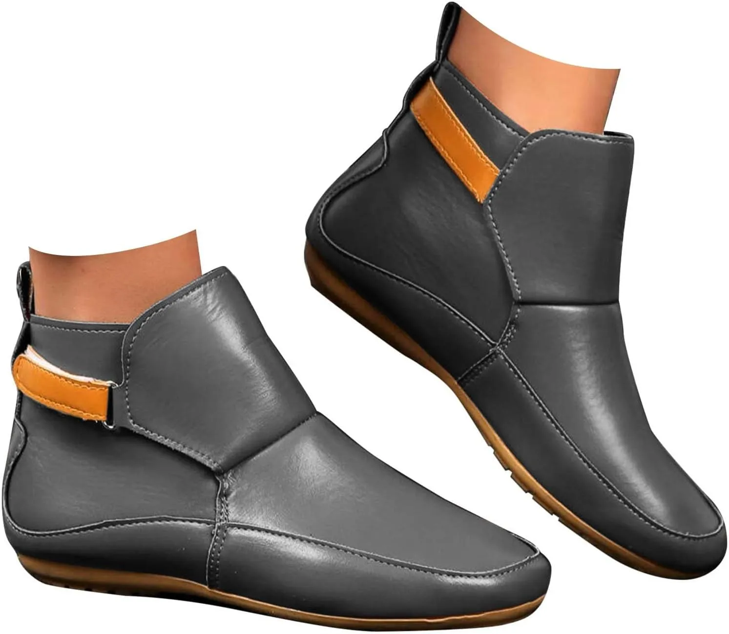 Cowboy Boots for Women Snow Boots Round Toe No Heel Arch Support Boots Side Zipper Vintage Leather Flat Booties
