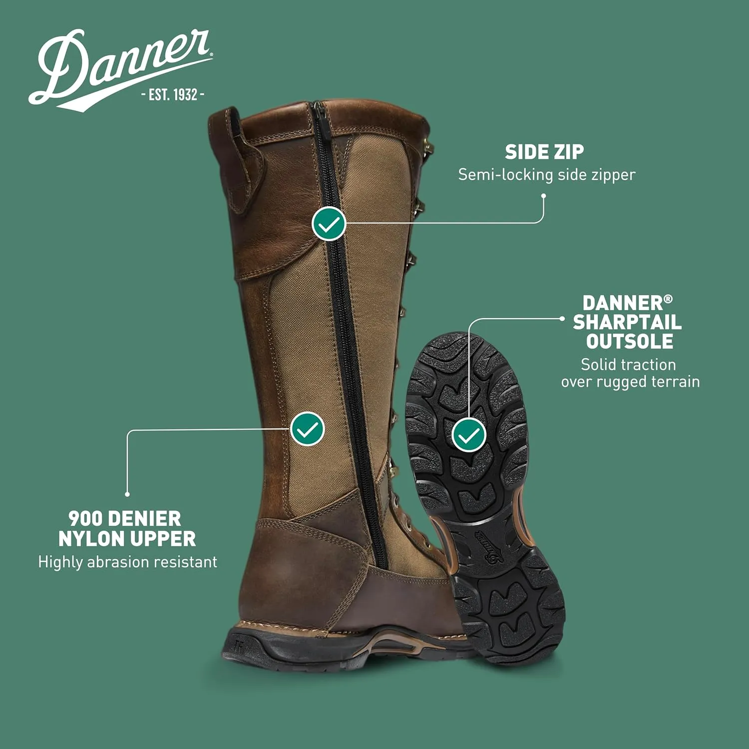 Danner Sharptail 17" Side-Zip Waterproof Snake Boots for Men - Full-Grain Leather and Nylon with 360 Snake Guard, Comfort Footbed & Traction Outsole