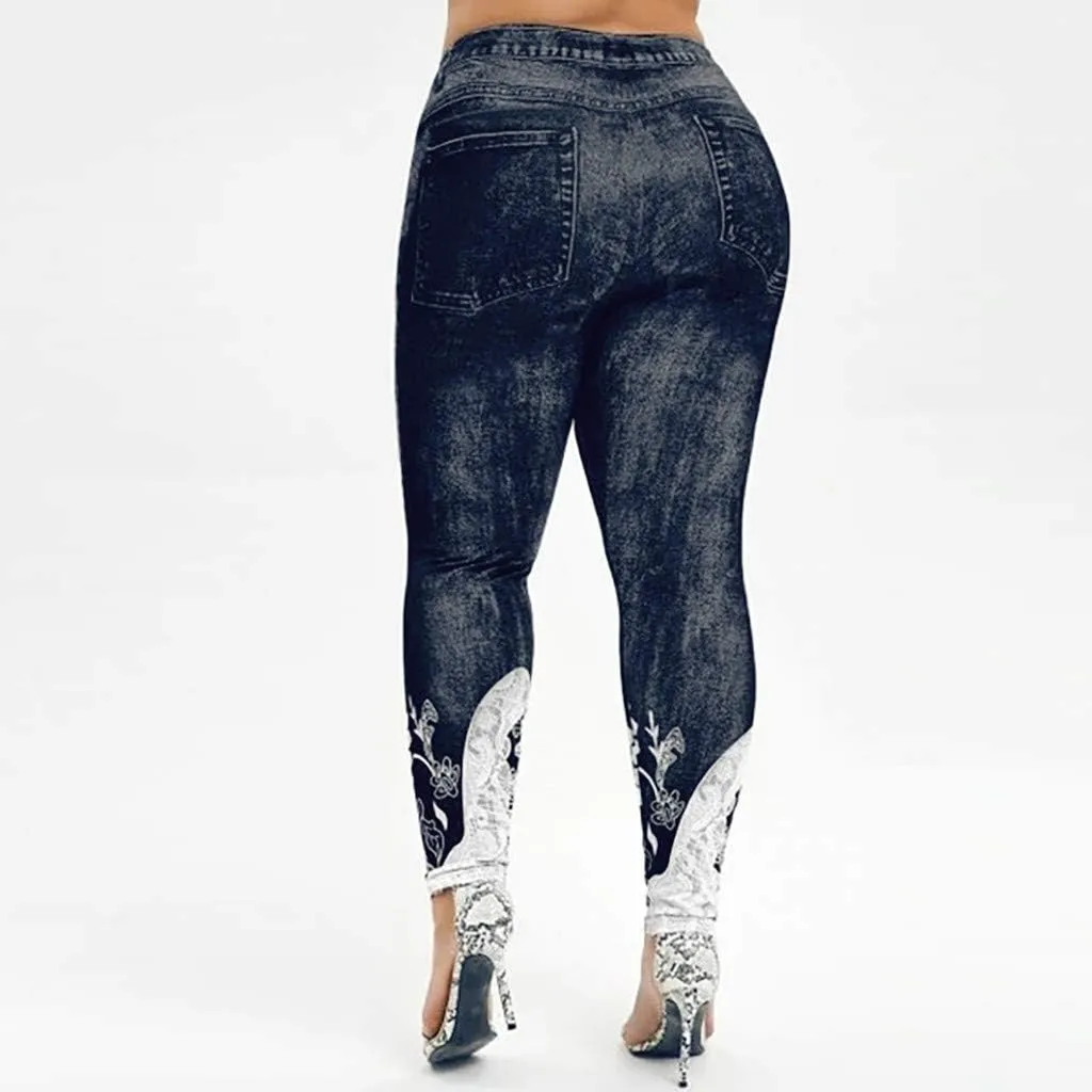 Denim Leggings for Women High Waisted Skinny Plus Size Printing Tights Leggings Compression Slim Fit Elastic Waist Leggings
