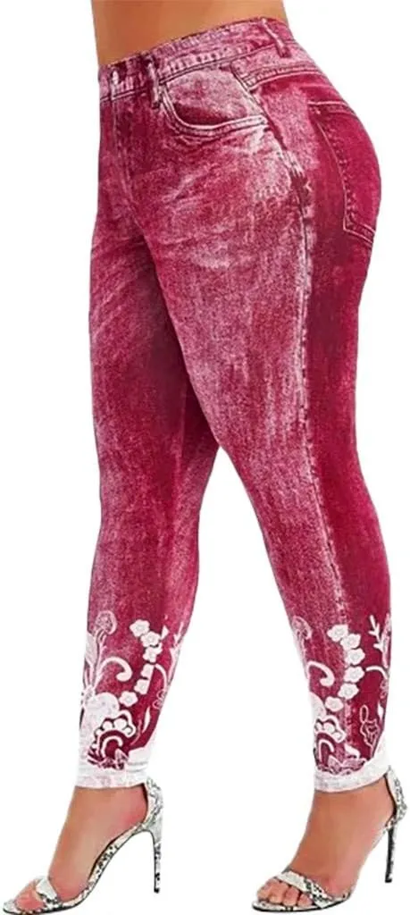 Denim Leggings for Women High Waisted Skinny Plus Size Printing Tights Leggings Compression Slim Fit Elastic Waist Leggings